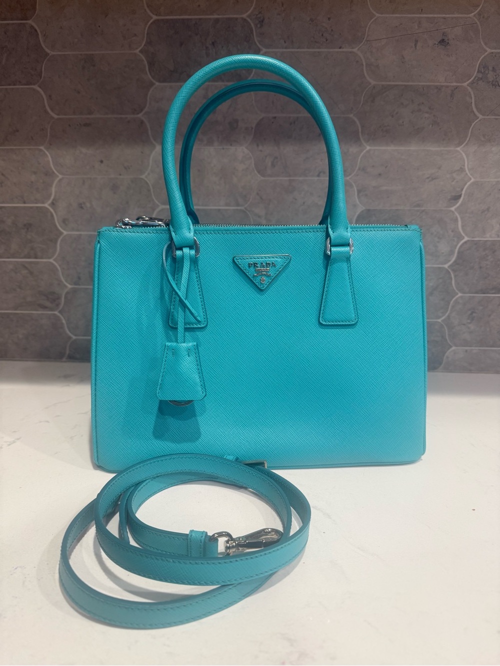Prada Turquoise Saffiano Lux Medium with Strap